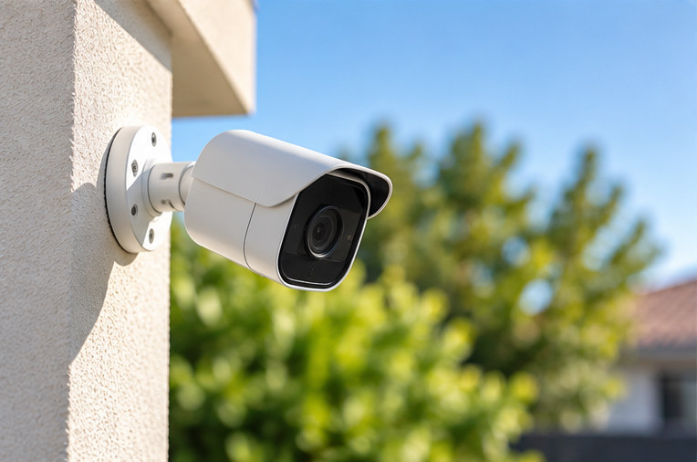 Cámara de seguridad instalada en una fachada