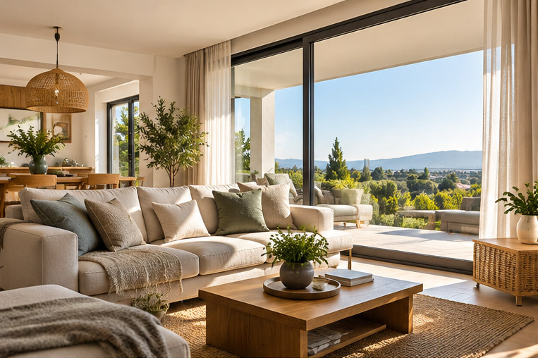 Salón luminoso de una vivienda, espacio familiar para proteger con una alarma