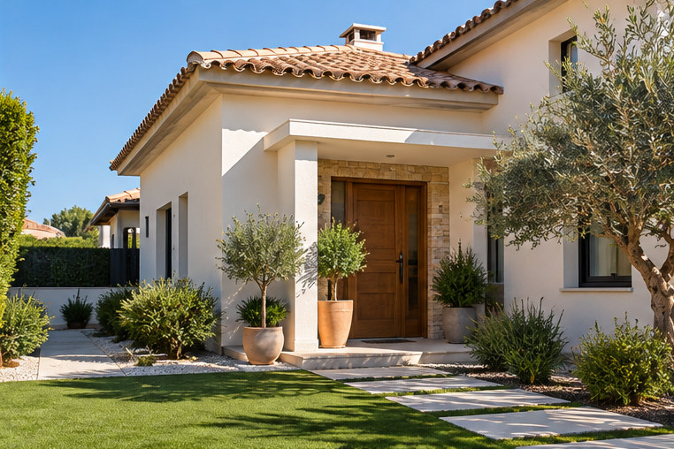 Casa residencial con jardín y accesos exteriores